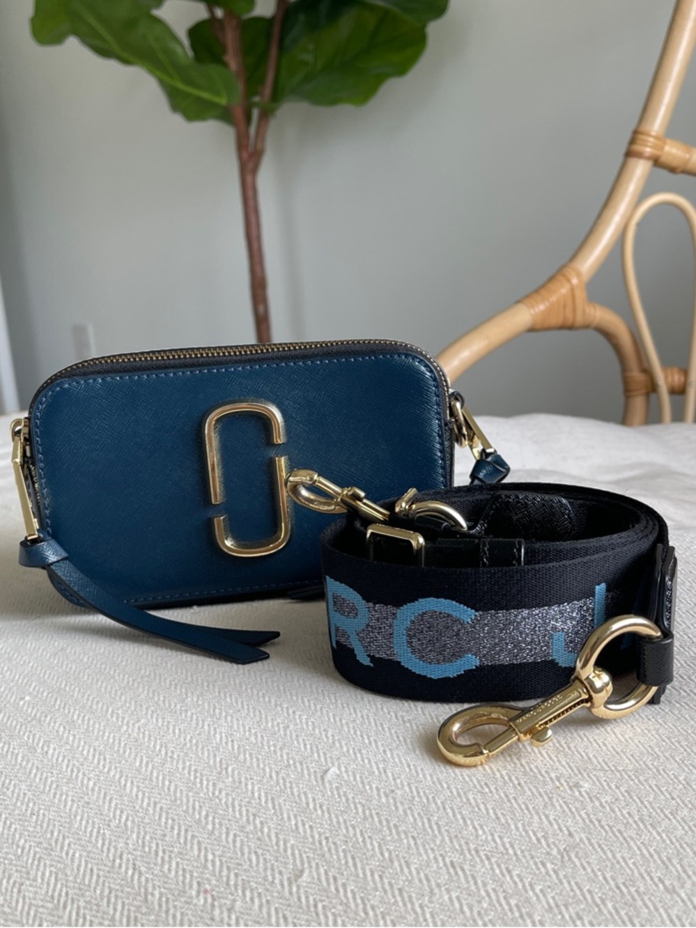 Marc Jacobs Dark Blue Double Zip Camera Bag with Logo Strap